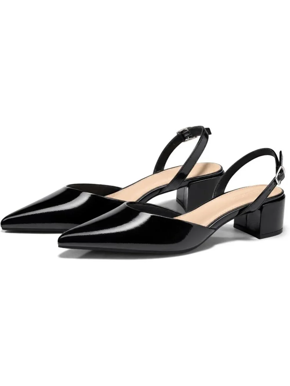Women's Cool Black Low Chunky Heels Slingback Closed Pointed Toe Pumps Shoes